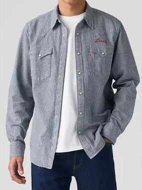 Levi's Cotton Classic Standard Western Blue Denim Striped Button-Down Shirt XL